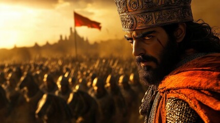 A powerful king commanding his army in battle.