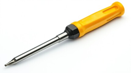 A soldering iron with a yellow handle, used for joining electronic components.