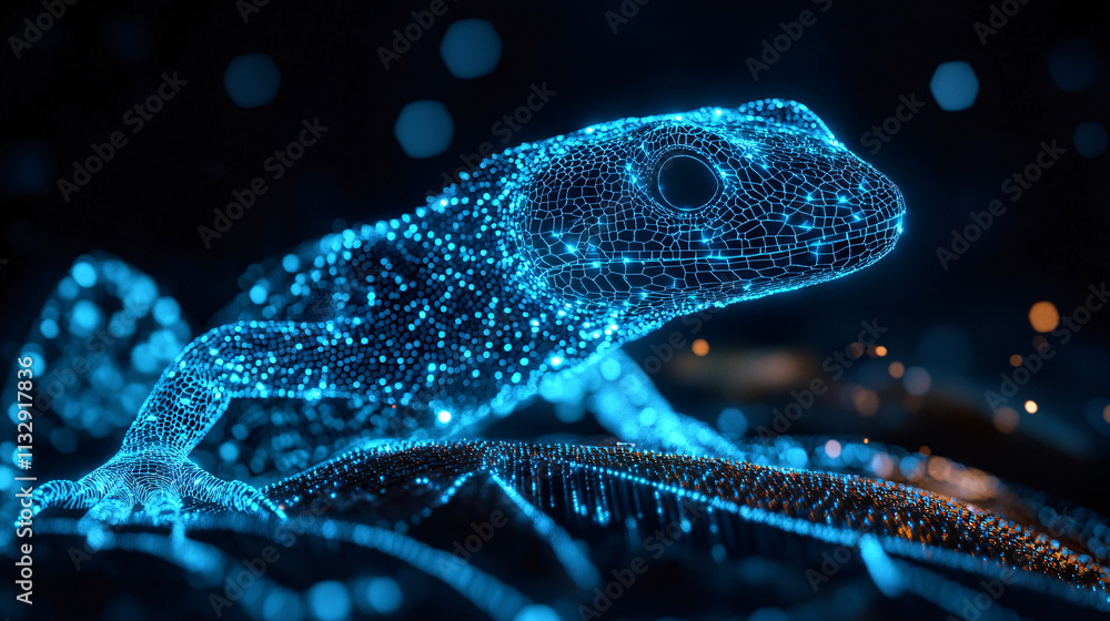 Poster a cyber bioinformatics icon featuring a glowing lizard, representing online platforms for studying r