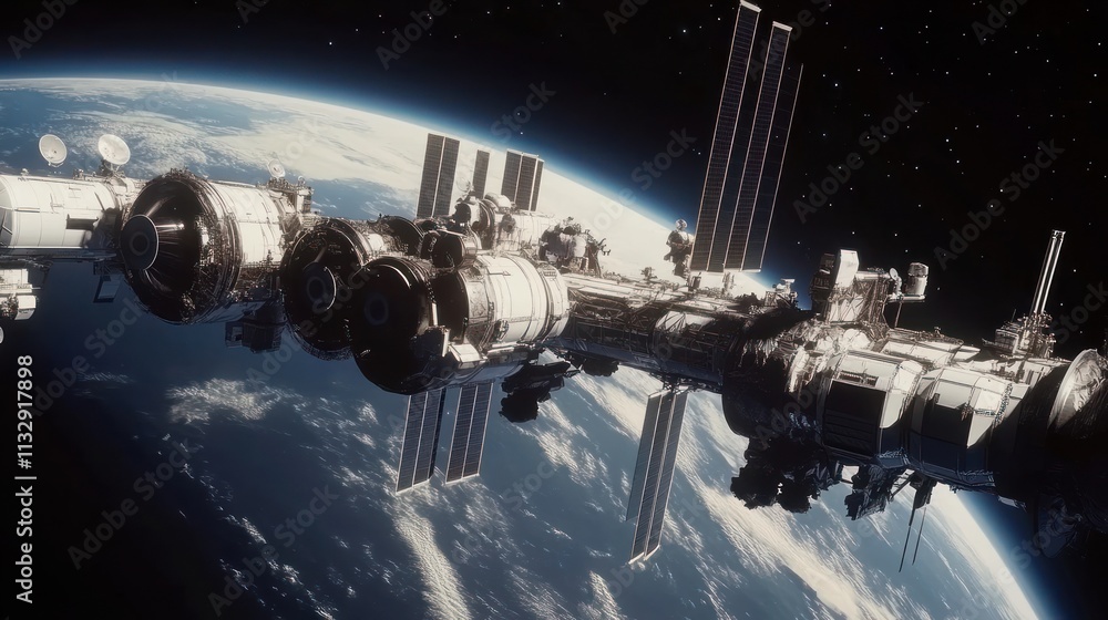 Poster a space station or spacecraft orbiting earth, showcasing advanced technology in a cosmic setting.