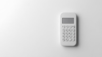 Minimalistic composition of an office calculator, highlighting its sleek buttons and display, resting on a clean white background 