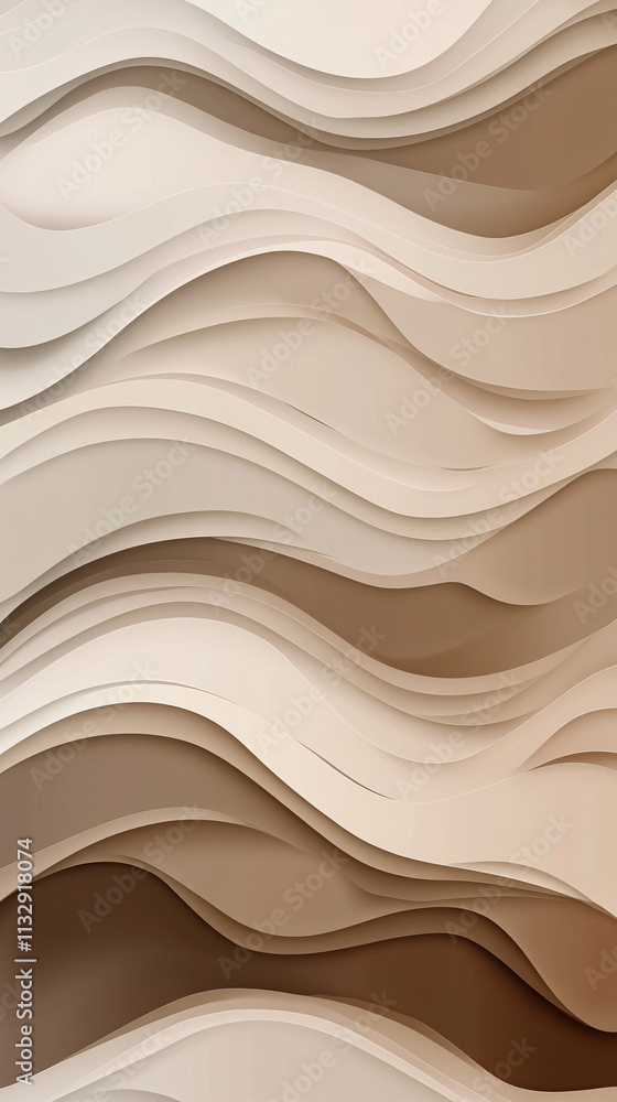 Poster an abstract background features smooth flowing waves in shades of beige and brown that create a sens