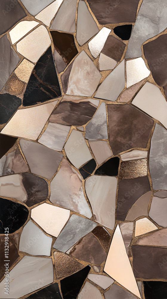 Poster an abstract mosaic design featuring irregular shapes and a mix of earthy tones with metallic accents