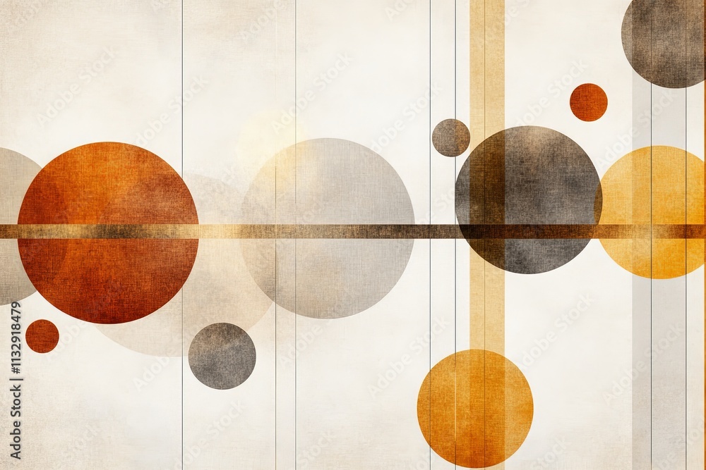 Poster abstract design featuring colorful circles and lines on a textured background in warm tones
