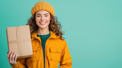 smiling woman in yellow jacket and hat holds package against turquoise background, radiating joy and warmth