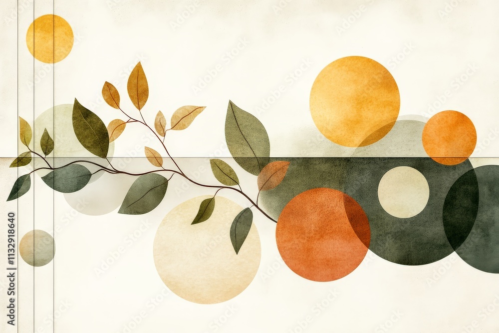 Aufkleber abstract design featuring colorful circles and leaves creating a harmonious composition in soft tone