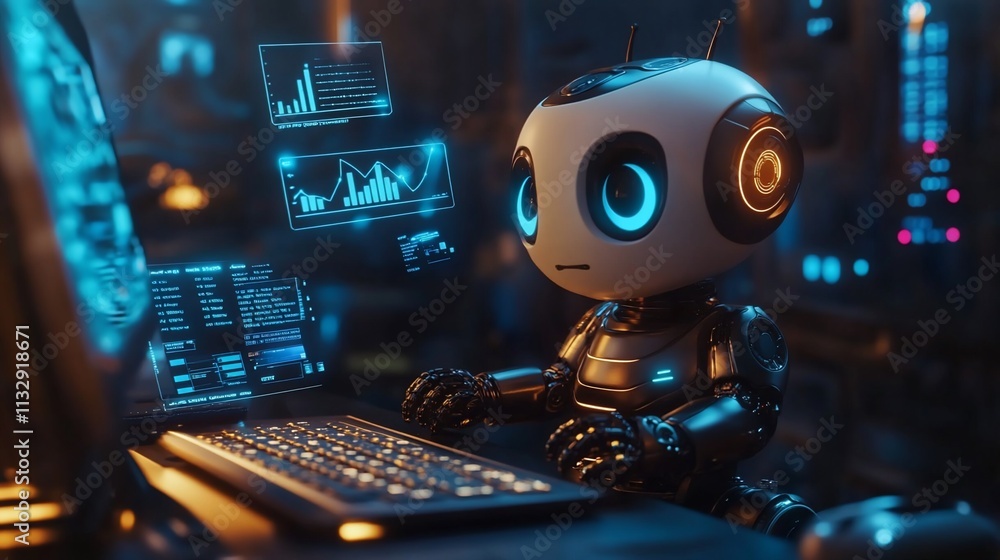 Aufkleber A small robot interacting with a futuristic computer interface.