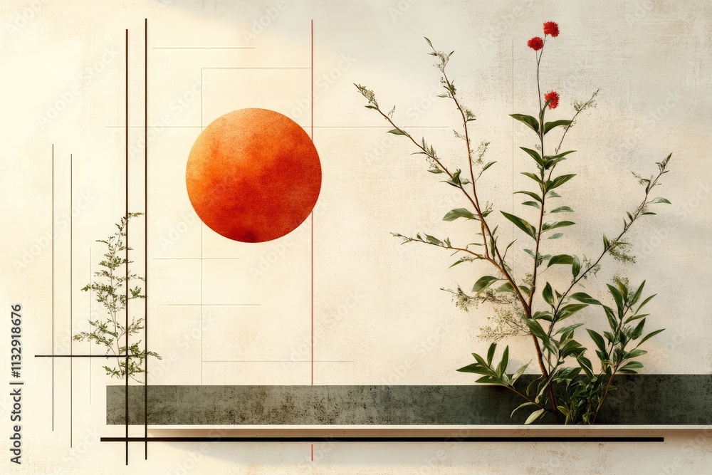 Poster modern artwork featuring abstract sun and botanical elements in a minimalist setting