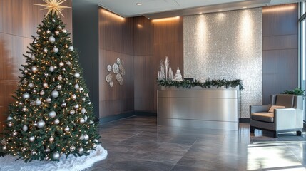 Elegant Christmas Lobby with Tree and Seasonal Decor