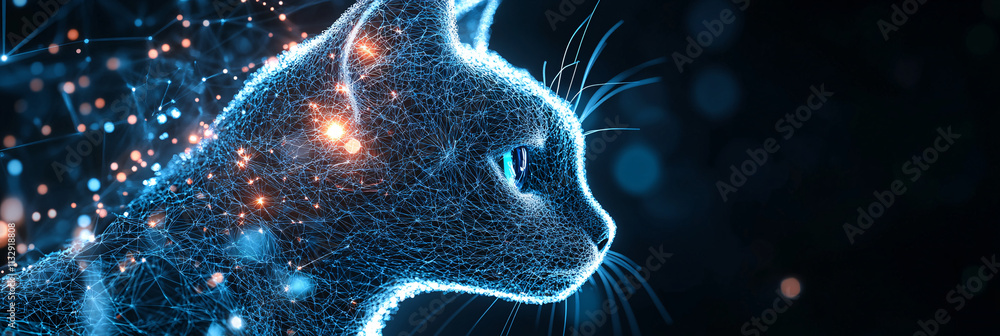 Poster a cyber cat icon with interactive behavior metrics, representing online pet training platforms, smar