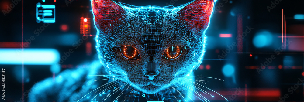 Poster a cyber cat icon with interactive behavior metrics, representing online pet training platforms, smar