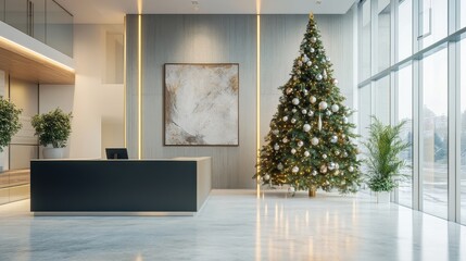 Modern Reception Area with Festive Christmas Tree