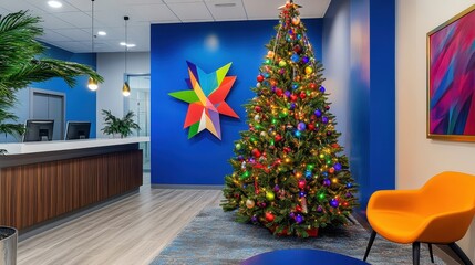 Colorful Christmas Decor in Modern Office Setting