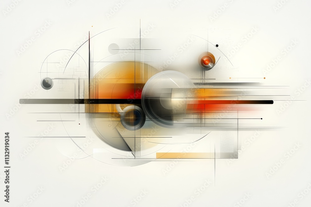 Poster modern abstract composition featuring spheres and lines in muted tones with dynamic movement