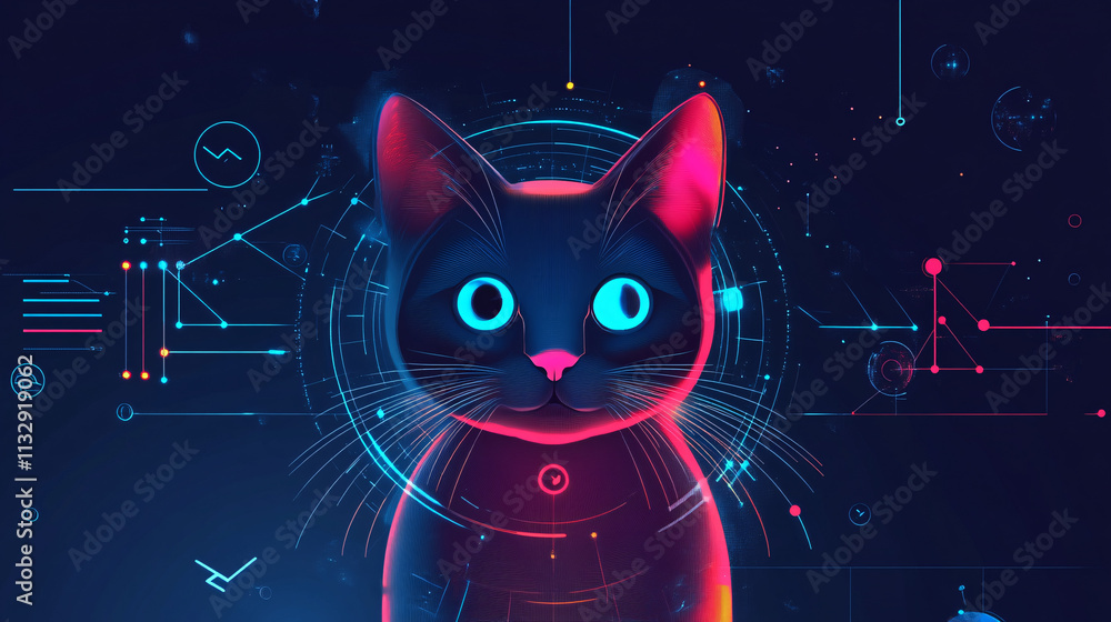 Poster a cyber cat icon with interactive behavior metrics, representing online pet training platforms, smar