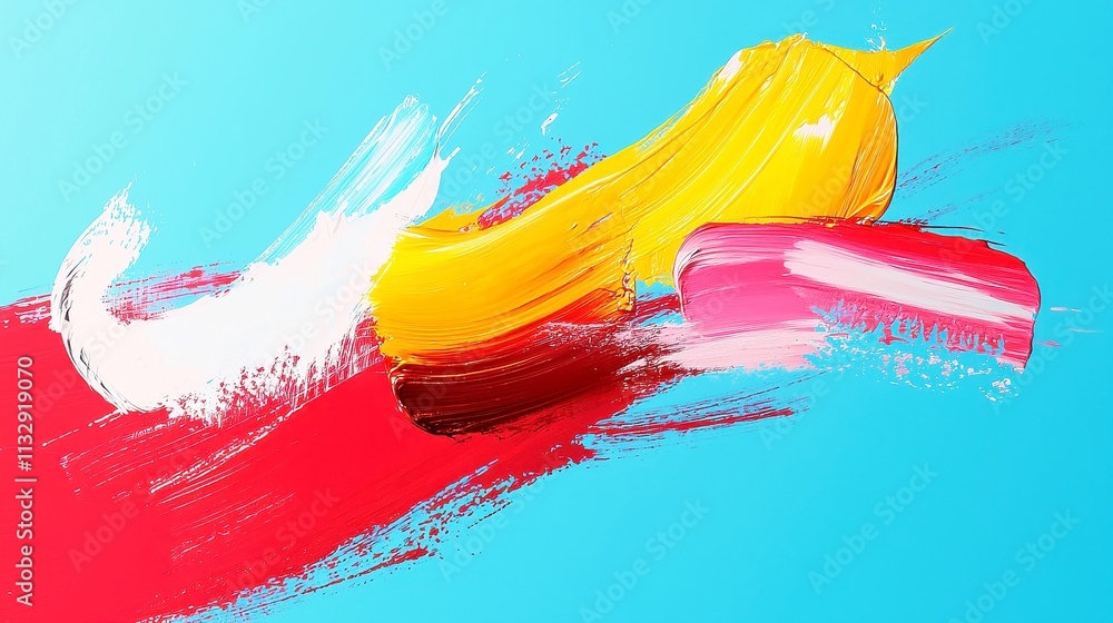 Poster vibrant hand drawn abstract brush strokes, dynamic colors intertwining, creating a sense of movement