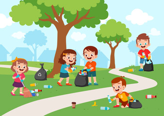 little kids cleaning park with friends