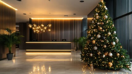 Modern Hotel Lobby with Festive Christmas Tree