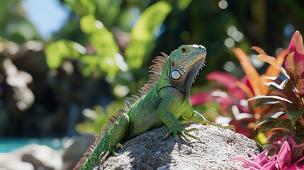 Fototapeta premium Green iguana basking on a rock in lush tropical foliage.