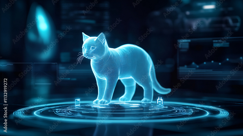 Poster a cyber cat icon with interactive behavior metrics, representing online pet training platforms, smar
