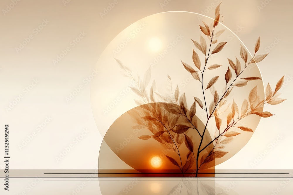 Poster elegant design featuring leaves and circular patterns with warm tones