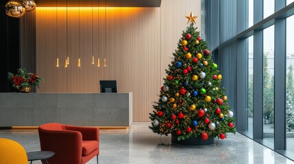 Modern Lobby with Christmas Tree and Festive Decor
