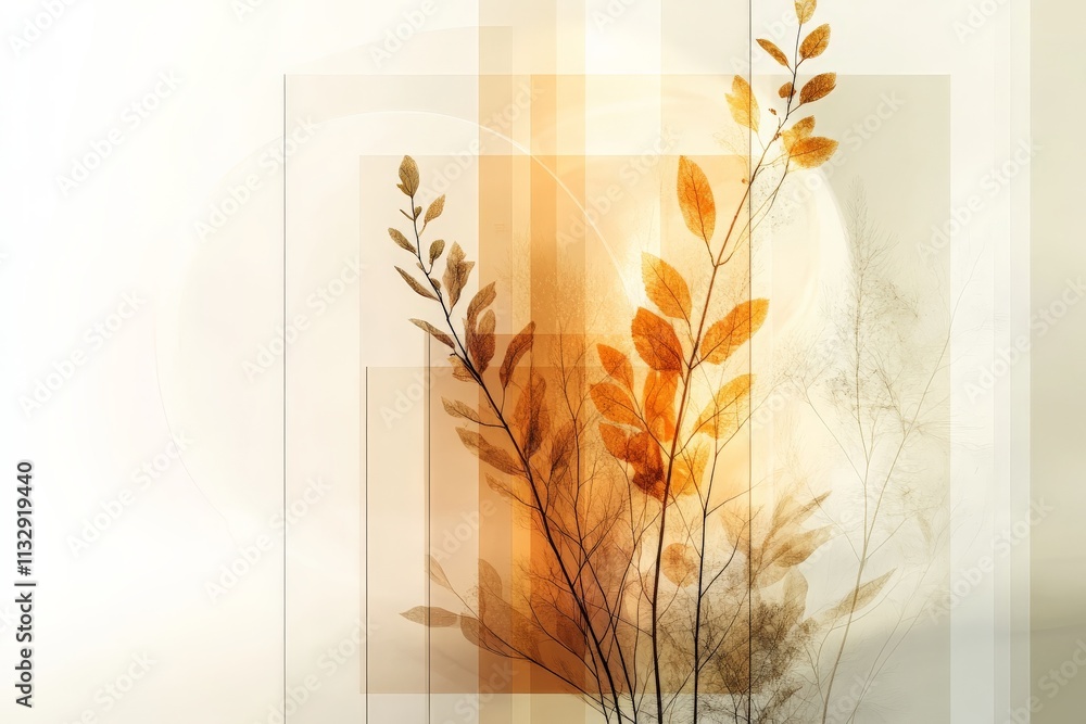 Poster artistic representation of botanical elements with warm hues and soft lighting in a modern design
