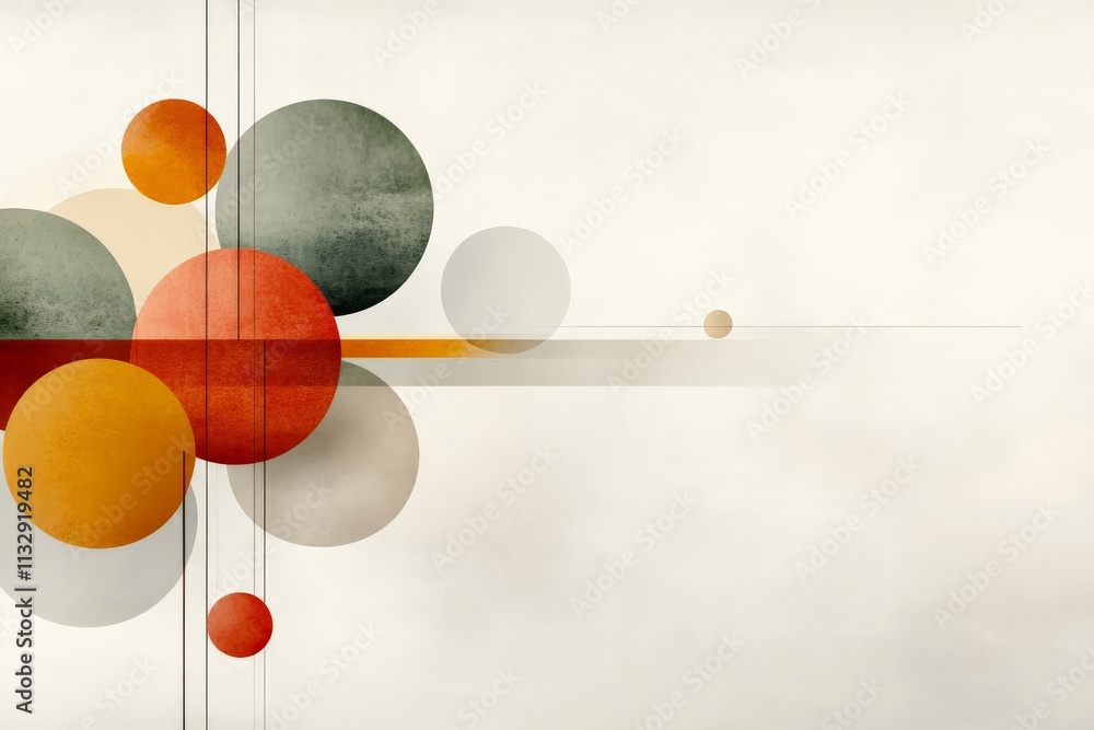 Poster abstract design featuring colorful circles and lines on a minimalist background with soft hues and m