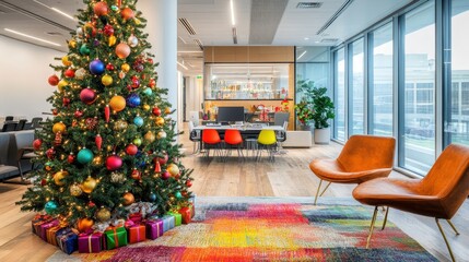 Festive Office Interior with Christmas Tree and Decor