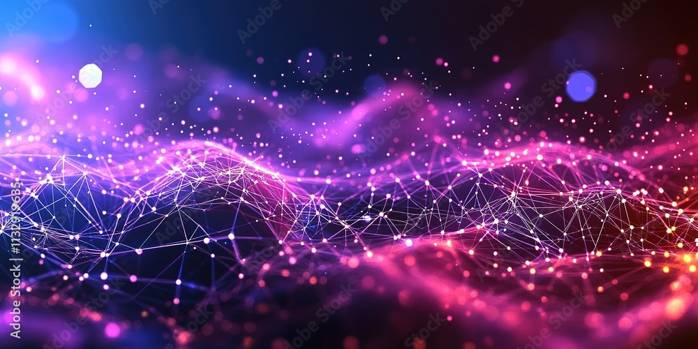 Poster digital landscape of interconnected nodes and vibrant waves showcasing creative technology in an abs