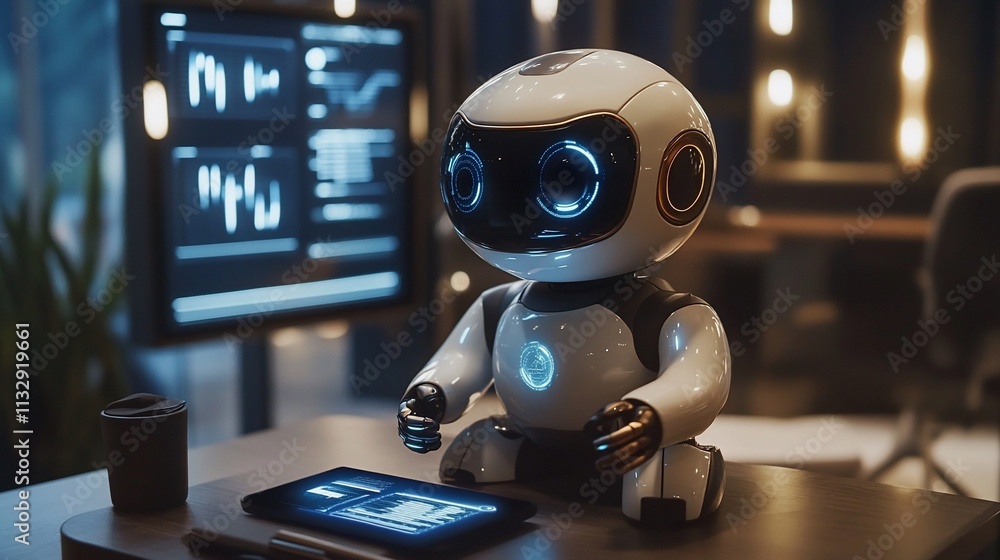 Poster a small robot sits on a desk, interacting with a tablet in a modern office.