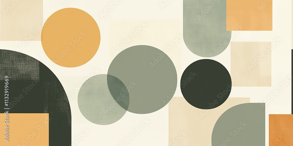 Poster abstract composition featuring geometric shapes with muted colors on a textured background in a mode