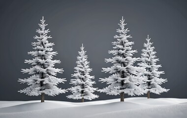 Four snow-covered evergreen trees on a gray background.