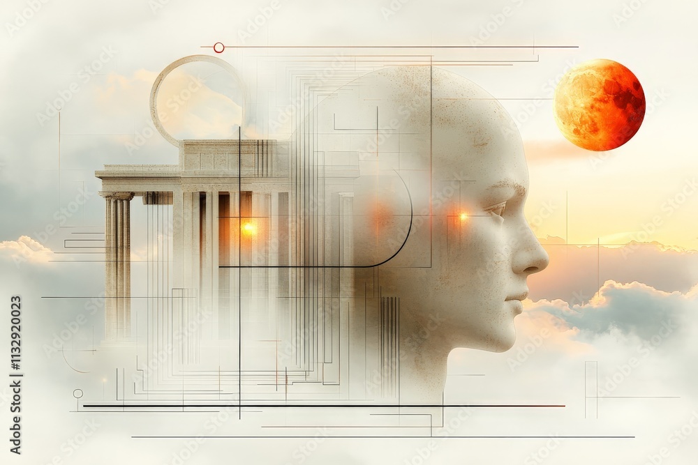 Poster mysterious blend of human form and architecture under a surreal sky at twilight