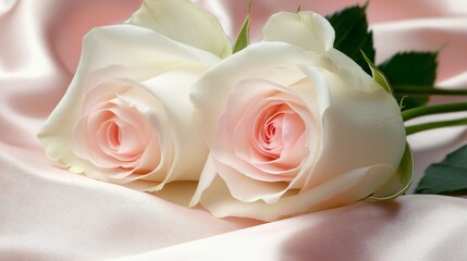 Fototapeta premium Two delicate pink rose resting on soft satin fabric, symbolizing love and beauty.