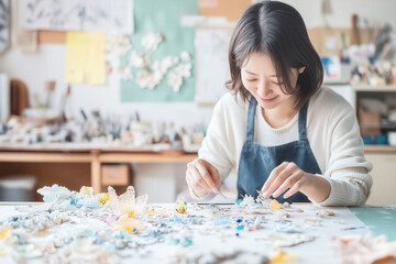 明るい部屋で小さなアクセサリーを作る女性