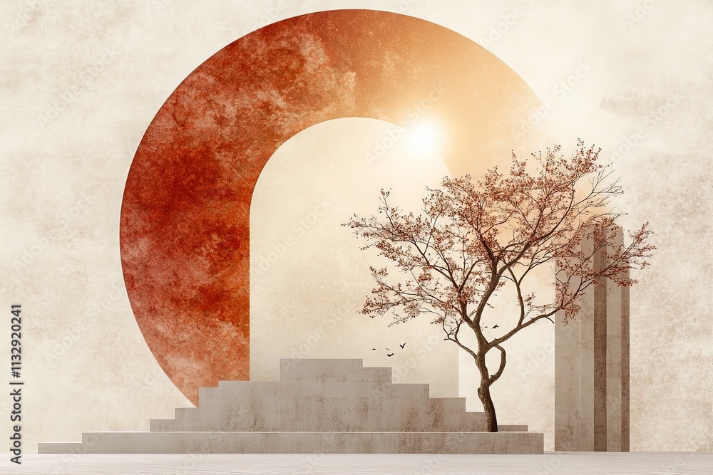 Poster abstract landscape with geometric shapes and a lone tree during sunset in a serene setting