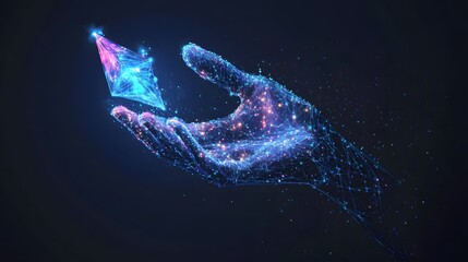 Digital human hand reaching up in glowing blue and purple network design. Abstract technology concept with connected dots and lines. Futuristic art for tech business