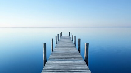 Fototapeta premium A serene wooden pier extending into calm blue waters under a clear sky.