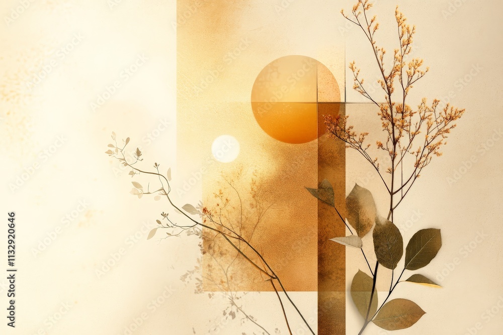 Poster abstract composition featuring geometric shapes and botanical elements with warm tones and soft ligh