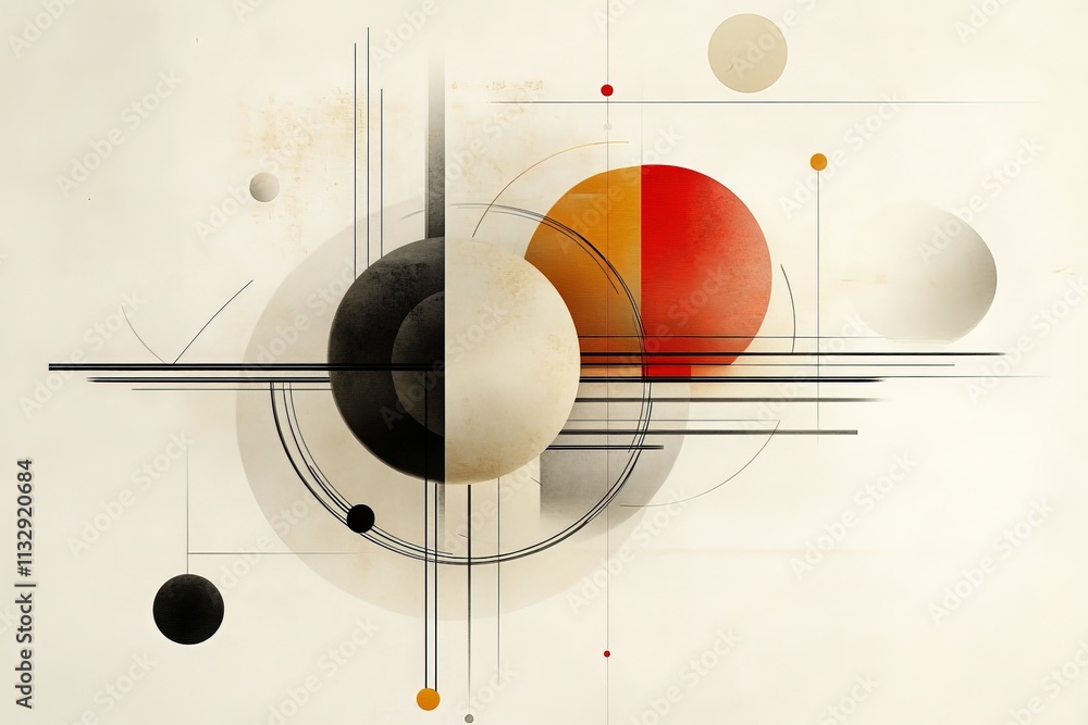 Poster geometric abstract art with circles and lines in a minimalist style featuring contrasting colors