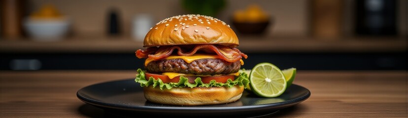 Indulgent gourmet hamburger with crispy bacon, cheese, and fresh vegetables on black plate