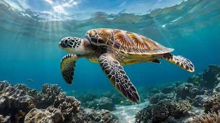 Obraz premium Green Sea Turtle and coral reef