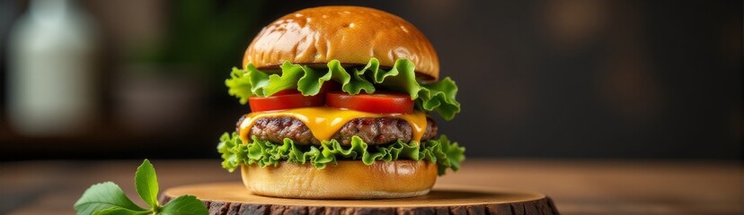 Gourmet burger with layers of fresh vegetables, cheese, grilled patty, and special sauce on wooden board