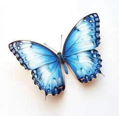 Obraz premium A vibrant blue and black butterfly positioned on a smooth white background, its wings open wide. The lower left corner is softly blurred, accentuating the delicate wing patterns and edges.