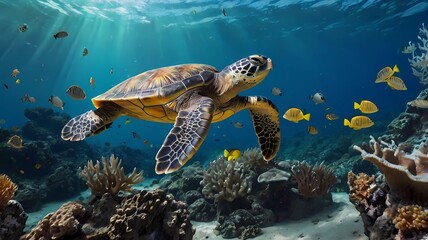 Obraz premium Green Sea Turtle and coral reef