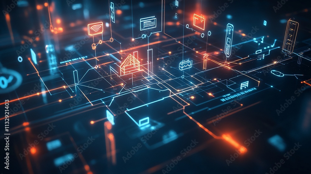 Poster abstract digital network visualization with glowing connections and icons.