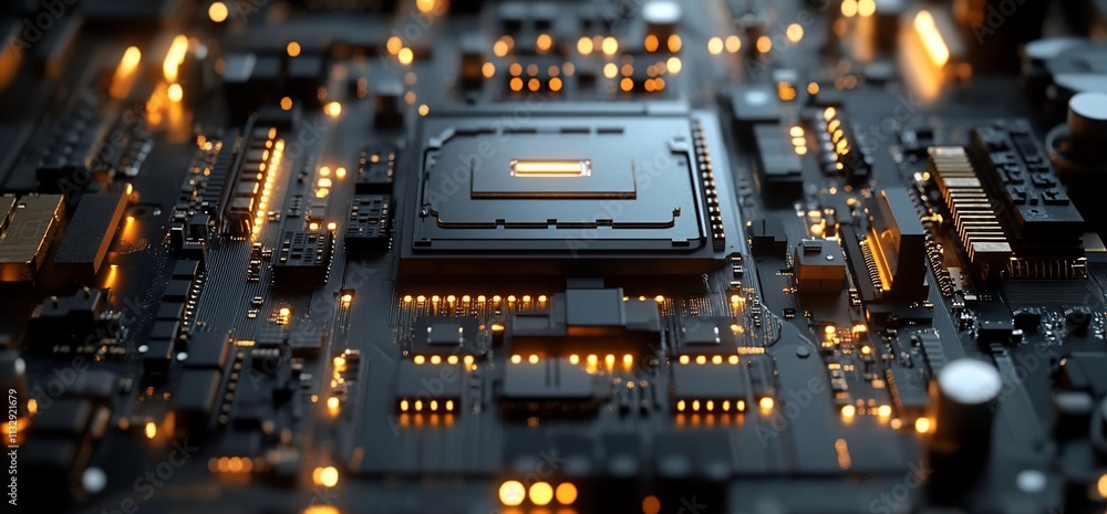 Fototapete close-up of a circuit board with glowing components and intricate details.