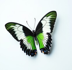 Obraz premium An elegant green, white, and black butterfly displayed on a crisp white background. The bottom left corner is slightly blurred to enhance focus on the wing details and texture underneath.