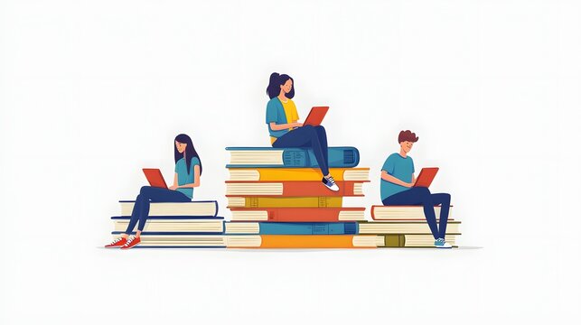 Minimalist illustration depicting students reading while&nbsp;sitting on stacked books, rendered in flat design style with simple&nbsp;color palette, conveying educational&nbsp;themes.